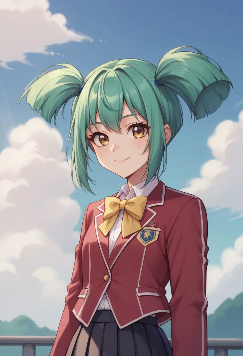 score_9, score_8_up, score_7_up, source_anime, highly detailed, 
luna5d, 1girl, solo, school uniform, skirt, black skirt, green hair, twintails, upper body, jacket, red jacket, ribbon, yellow ribbon, smile, looking at viewer, 
outdoor, sky, cloud,