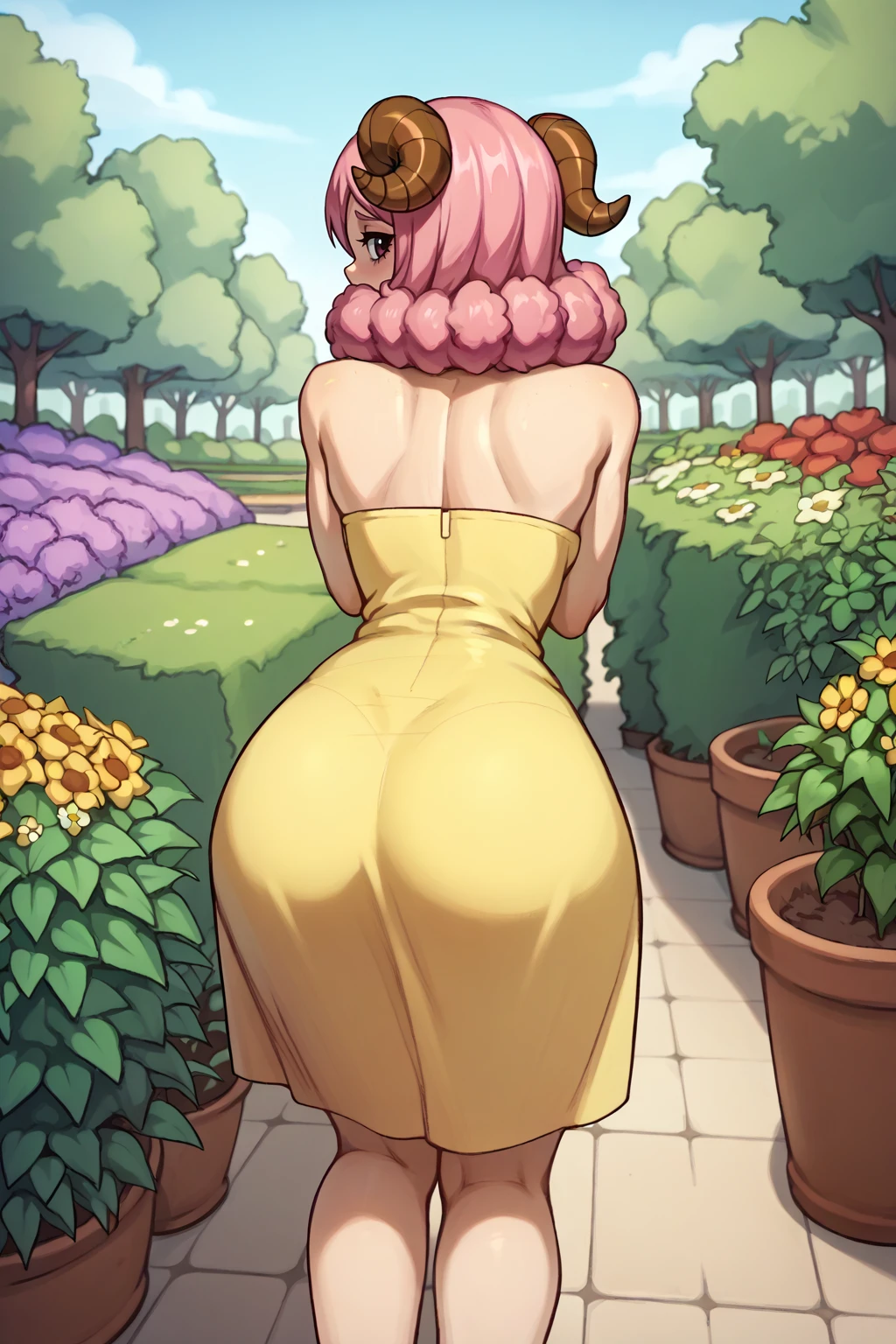 score_9, score_8_up, score_7_up, score_6_up, BREAK <lora:NSAriesFairyTail:1> NSAriesFaiTai, sheep horns, pink hair, medium hair, hair curls, neck tuft, yellow sundress, from behind, looking back, garden,