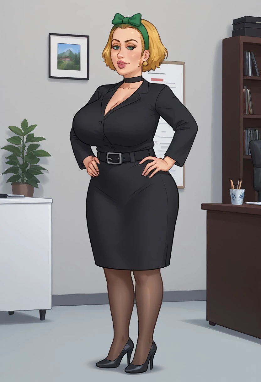 sporting milf business woman posing at office, attractive fit body, protruding pointy nipples, detailed face, eye makeup, huge open green eyes, blush, high definition, well detailed, shorthair blonde with green bow, puffy pink lips, detailed hands, sexy milf, prostokvashino, black high heels shoes, slip strict black office short minidress with deep neckline, black belt, black ring choker, hands on hips, lustful pose, black stockings, green lace lingerie,