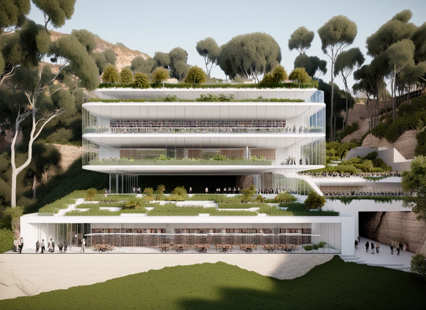 Architectural elevation, library, minimal, lush terraces, trees, people, planters, glass structure, cliff  <lora:Showit_XL-V2:2.0>