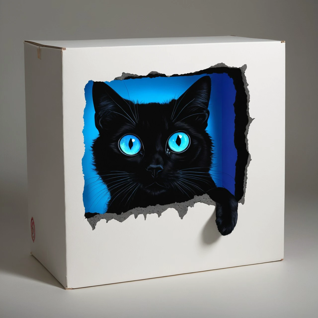 cs-gdblk, black cat with blue glowing eyes, in a white box