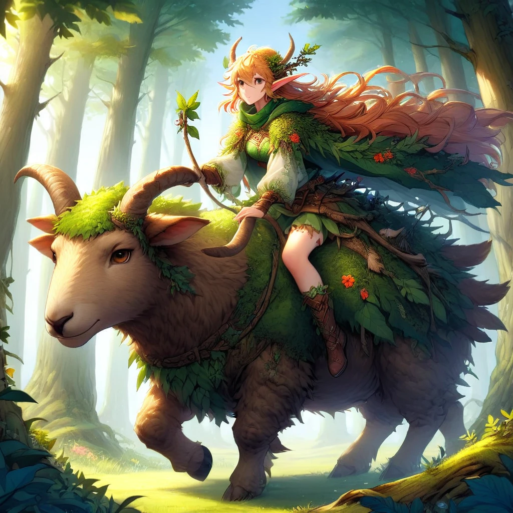 Woodelf, 1woman, Riding a giant sheep