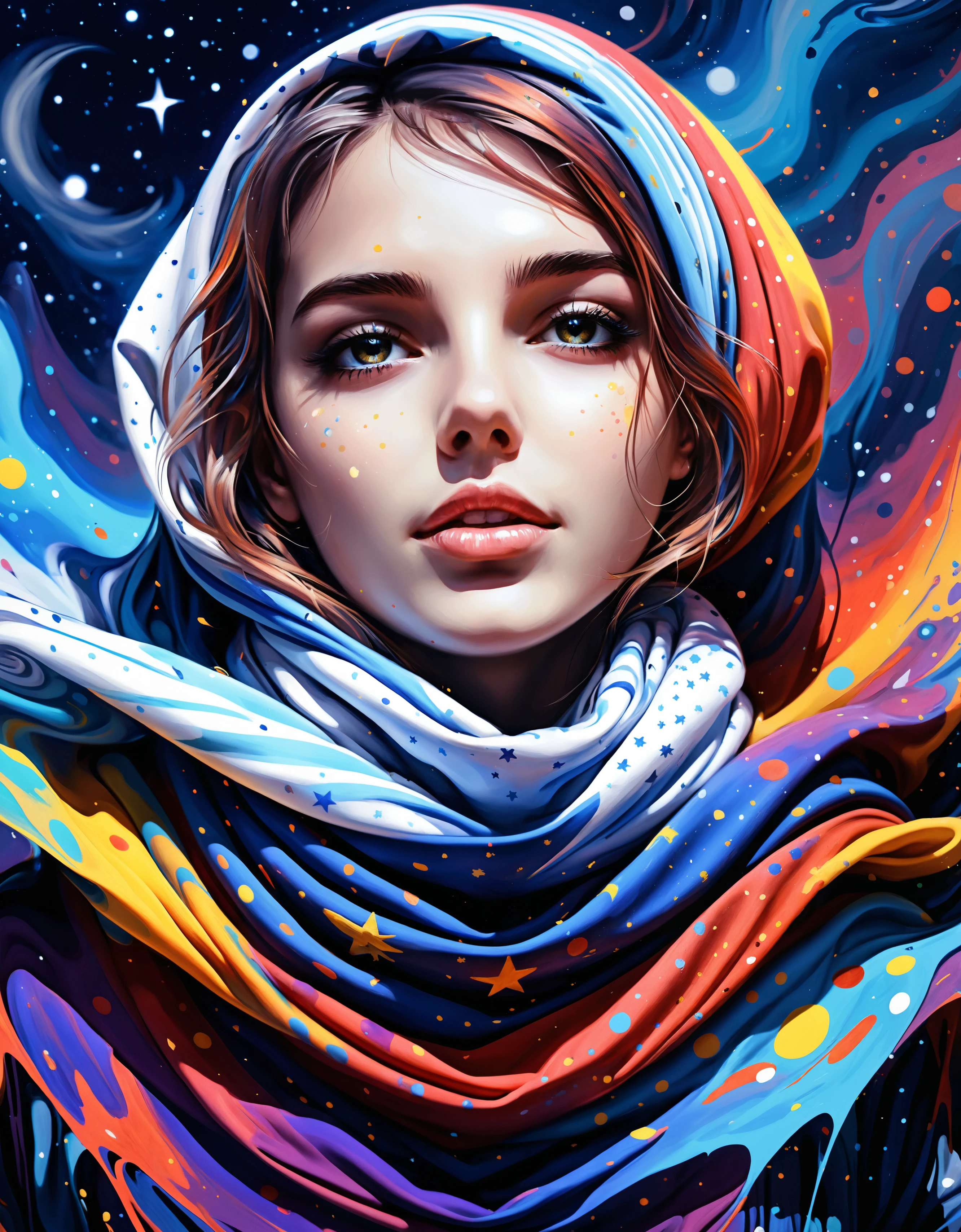 zavy-lqdprtrt, liquid paint, Photogenic Wonderous Girl, Scarf, Stars in the sky, Wide view, highly detailed, Tinkercore, enhanced quality, exquisite color, positive emotional, elaborate, confident, best, quality, highly intricate, imposing, magic atmosphere, ambient atmosphere, radiant