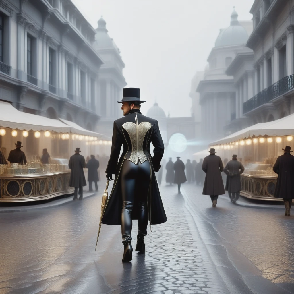 Old city a man in a black coat and hat walking down a street background