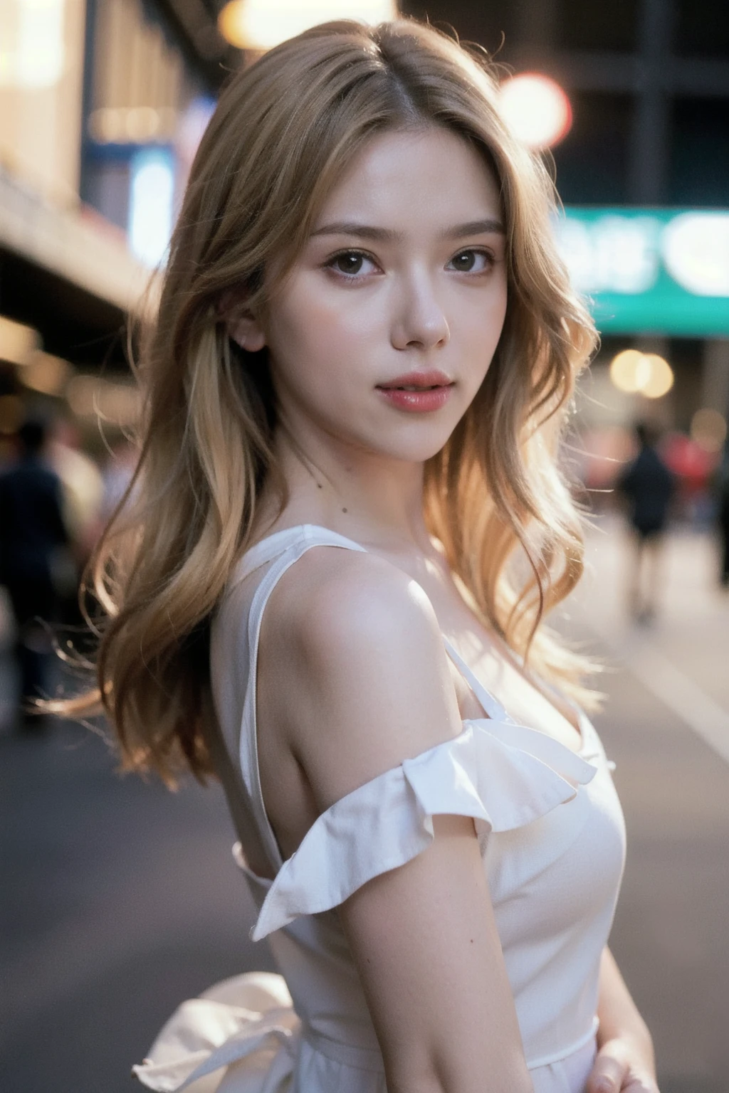 Best quality, masterpiece, ultra high res, (photorealistic), raw photo,1girl, upper body,solo, realistic, looking at viewer, long blonde hair, bokeh background, city streets,bohemian dress, <lora:makina69_scarlett_v1.2:1>, (blonde), slight smile