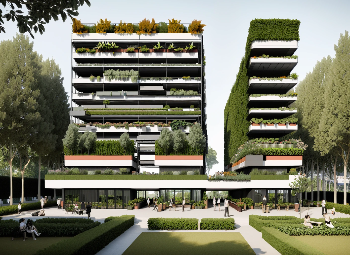 Architectural elevation, high rise minimalist slender tower,  steel exposed structure, lush terraces, trees, people, planters,   <lora:Show_XL-000004:2.0>