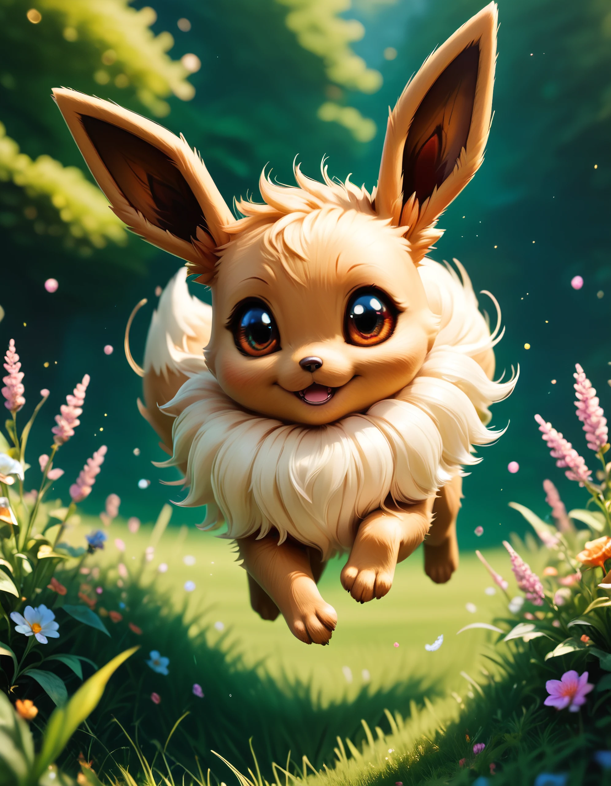 score_9, score_8_up, score_7_up, score_6_up, score_5_up, score_4_up, detailed funny fluffy creature, eevee inspired, jumping around in long grass, creative scene, cinematic light