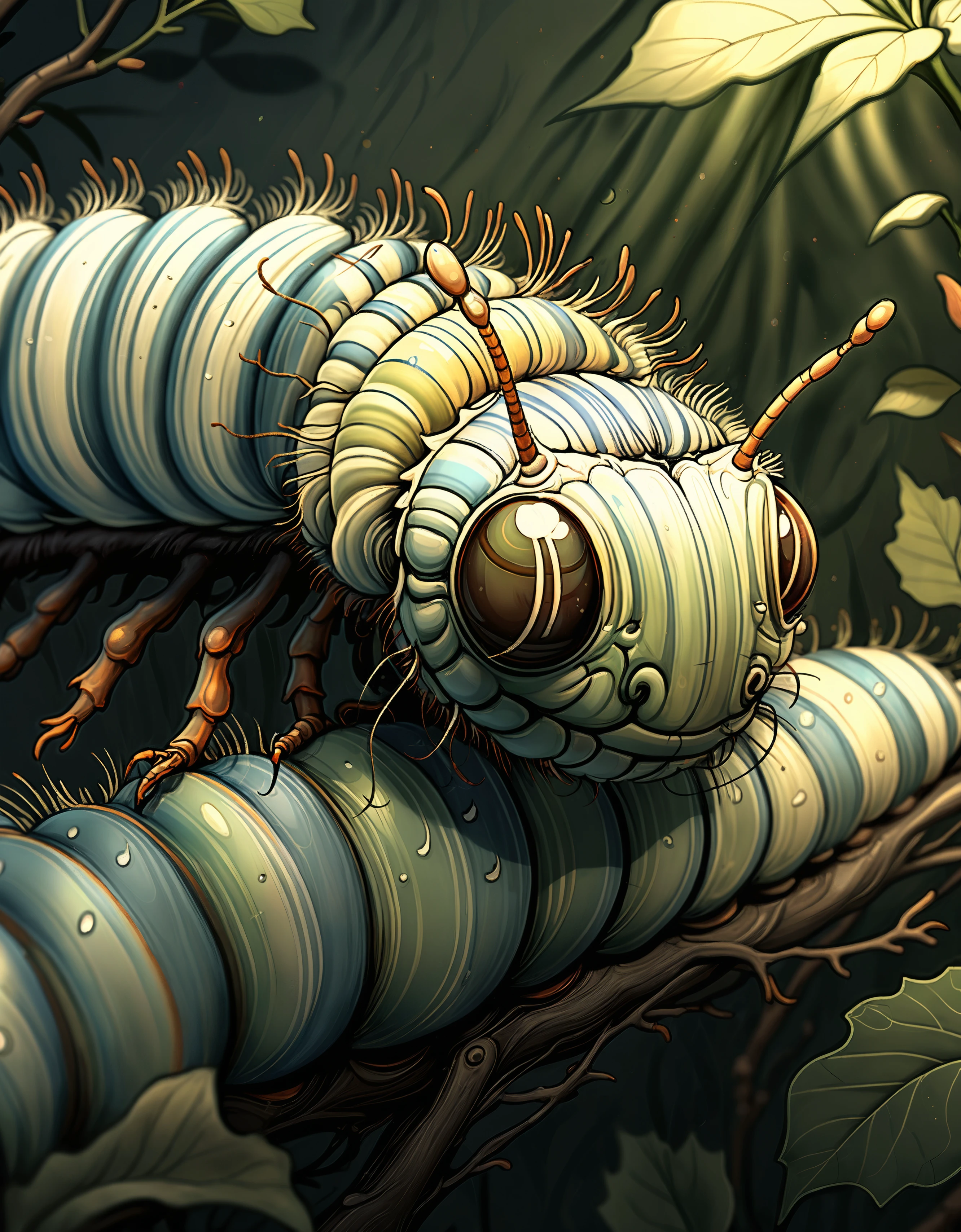 zavy-fltlnpnt, lineart, cel-shaded graphics, (designed by Amanda Clark:1.3) , painting, eye-level shot of a Beautiful Caterpillar, Neo, dramatic lighting, F/8, Muted Colors, Flickr, cinematic, handsome, enhanced quality, excellent composition, deep aesthetic