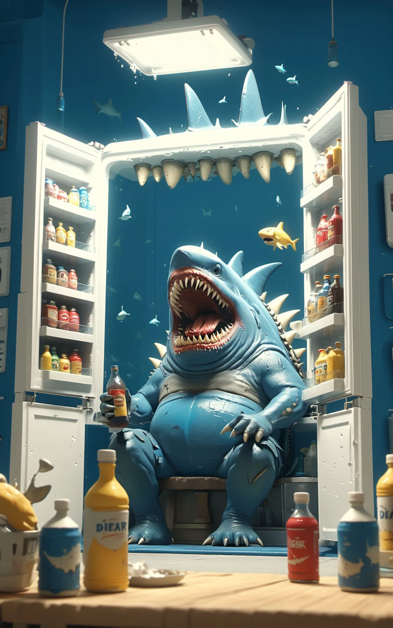 XUER Pixar style,open mouth,sitting,food,teeth,indoors,apron,animal,bottle,sharp teeth,box,can,shark,refrigerator,
<lora:绪儿 皮克斯风格 XUER Pixar style:0.8>,
highly detailed,masterpiece,highest quality,highly detailed,ultra-high resolutions,32K UHD,best quality,masterpiece,rich colors,unconventional supreme masterpiece,masterful details,