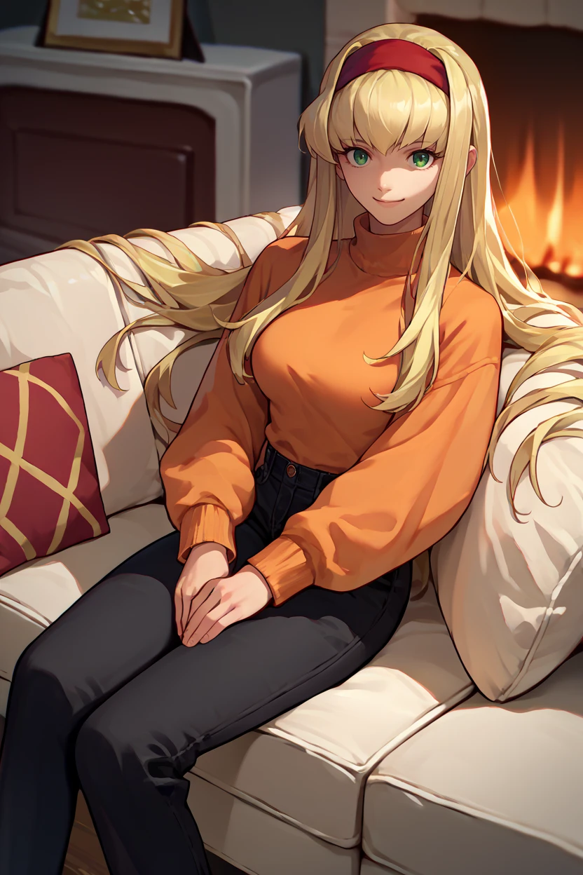 score_9, score_8_up, score_7_up, score_6_up, source_anime, 1girl, solo,  <lora:xfalexia-pdxl-nvwls-v1-000005:1> defAlexia, long hair, blonde hair, red hairband, orange sweater, black pants, medium breasts, sitting on couch, fireplace, smile, looking at you