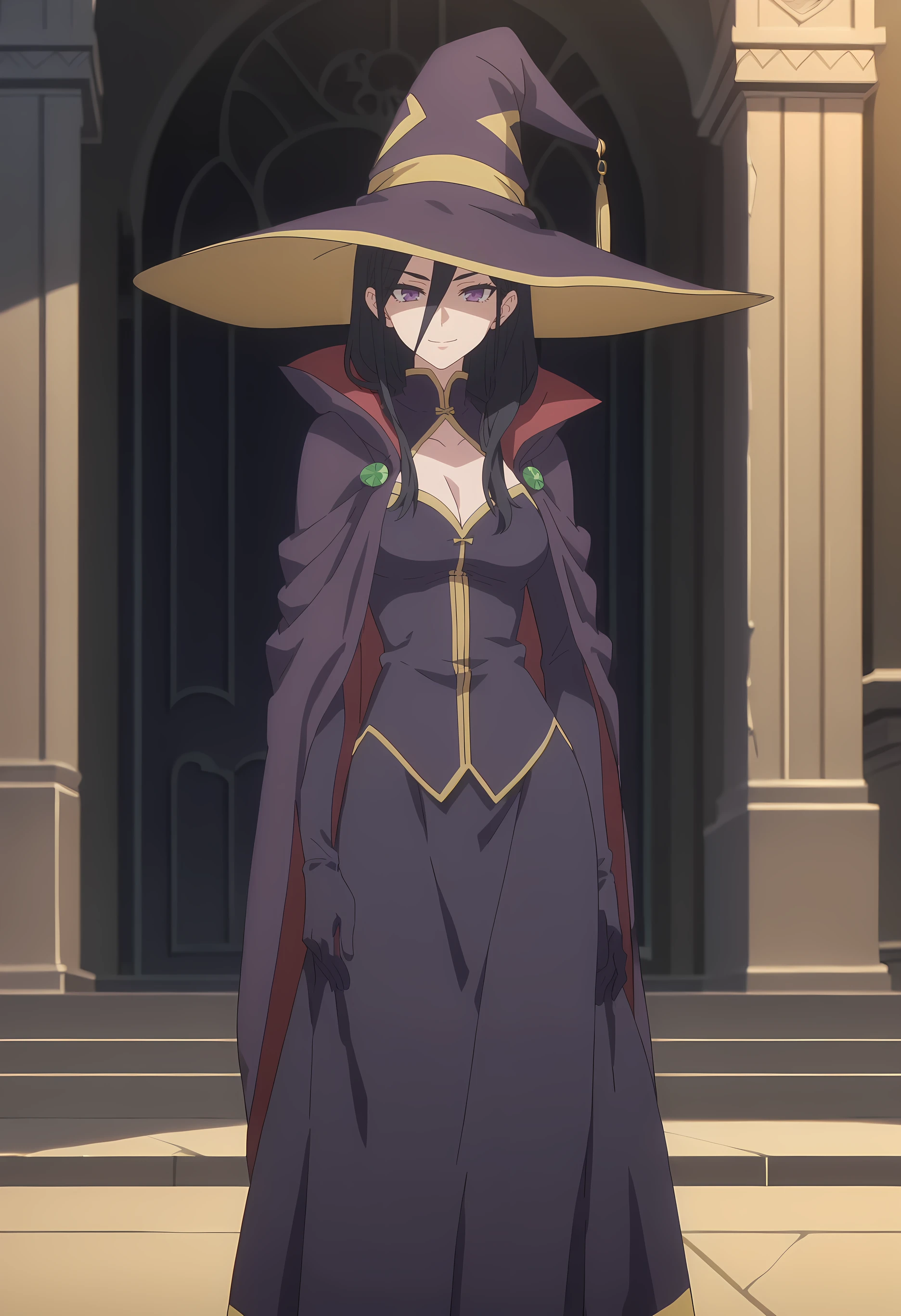 score_9, score_8, score_8_up, score_7_up, score_6_up, 1girl, cefrio, black hair, purple eyes, anime screencap, line art, flat colors, portrait, smile, dark purple outfit, gloves, long cape, symmetrical, vivid colors, witch hat, big boobs, cinematic, outdoors, <lora:Cefrio:0.8>