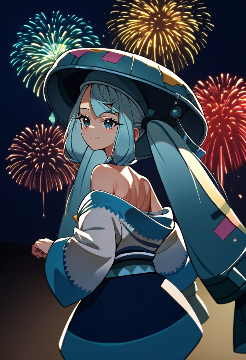 score_9, score_8_up, score_7_up, source_anime, from behind, solo, 1girl, steelmiku, smile, looking back, twintails, blue headwear, hat, japanese clothes, white kimono, short kimono, off shoulder, wide sleeves, bare shoulders, fireworks <lora:projectvoltage_steelmiku_ponyXL:1> <lora:concept_kyoufuuallback_ponyXL:1>