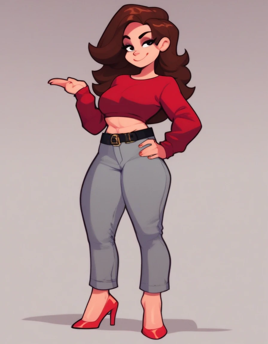 girl, 1girl, solo, long hair, smile, simple background, brown hair, shirt, long sleeves, brown eyes, standing, full body, shoes, midriff, belt, pants, high heels, crop top, red footwear, red shirt, grey pants, red high heels, source, black eyes,