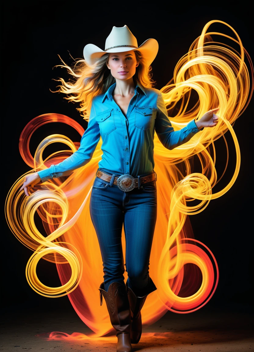 light painting, (long exposure:1.2),dynamic streaks, luminous trails, vibrant colors, fluid movement, captivating patterns, creative experimentation,(adult woman),(cowboy shot:1.2),dynamic pose <lora:SymBIOic_Hair:0.6> symb10ic tendrils