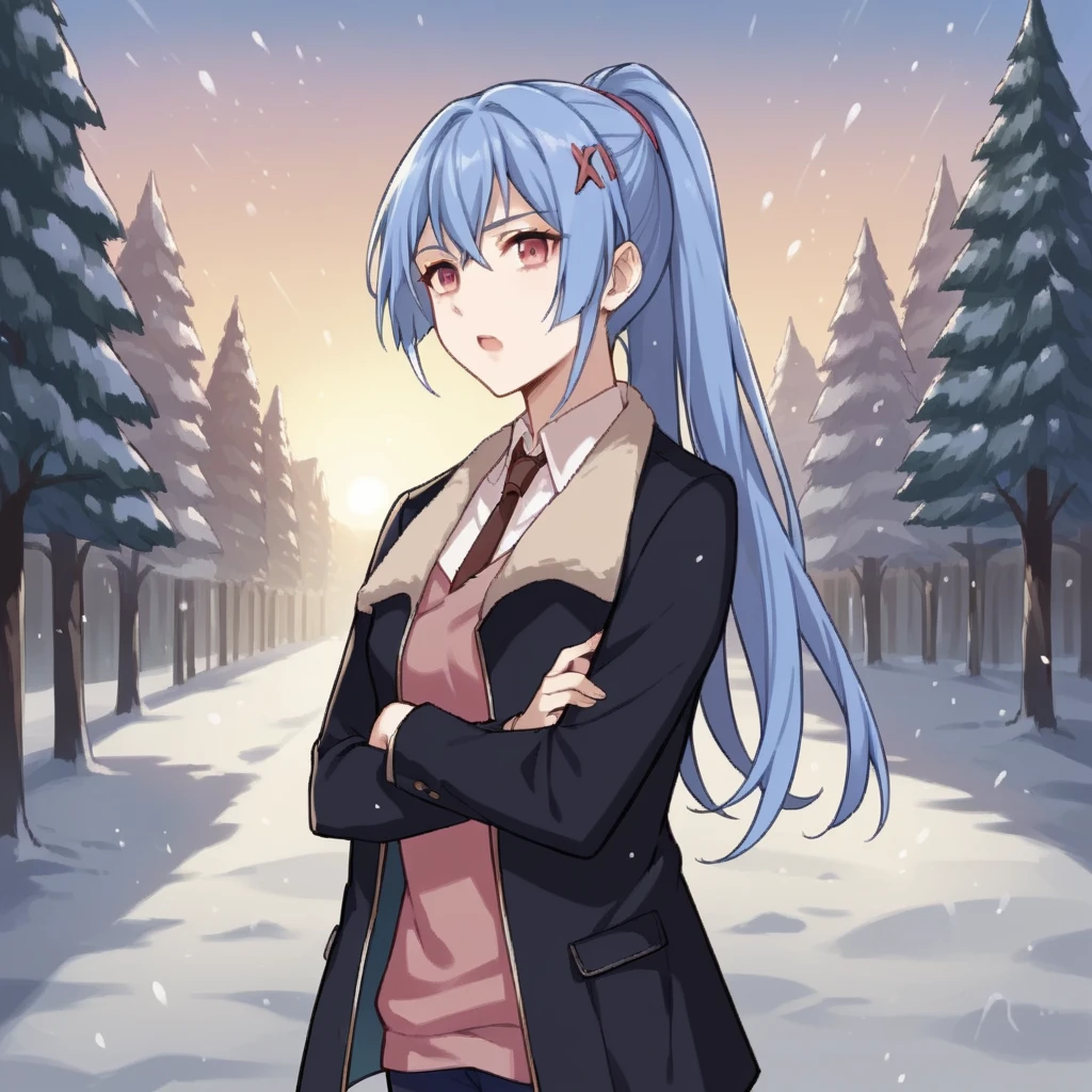 score_9_up, score_8_up, score_7_up, score_6up, source_anime, 1girl, solo, Edison, Edi_VN, sun light, snowing, standing under pine tree, crossed arms, looking at you, from side, pensive, open mouth, long hair, blue hair, ponytail, pink sweater, black jacket, fur-trimmed jacket, collared shirt, long sleeves,blue pants, brown necktie, x hair ornament, dynamic cowboy shot, outdoors, snowy plains background,