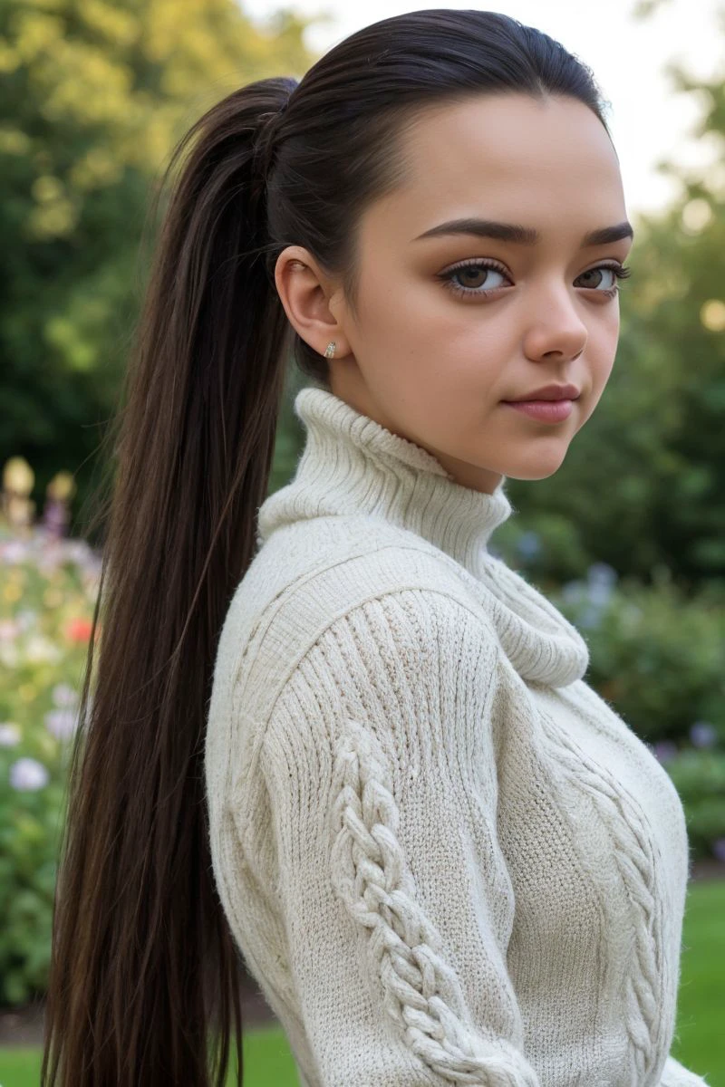 portrait of S469_KarinaBaru,a gorgeous woman,in a (garden:1.1),wearing a (cowlneck),(ponytail),(4k, RAW photo, best quality, 50mm, depth of field, ultra high res:1.1),(intricate, photorealistic, cinematic-shot, masterpiece, ultra-detailed:1.1),