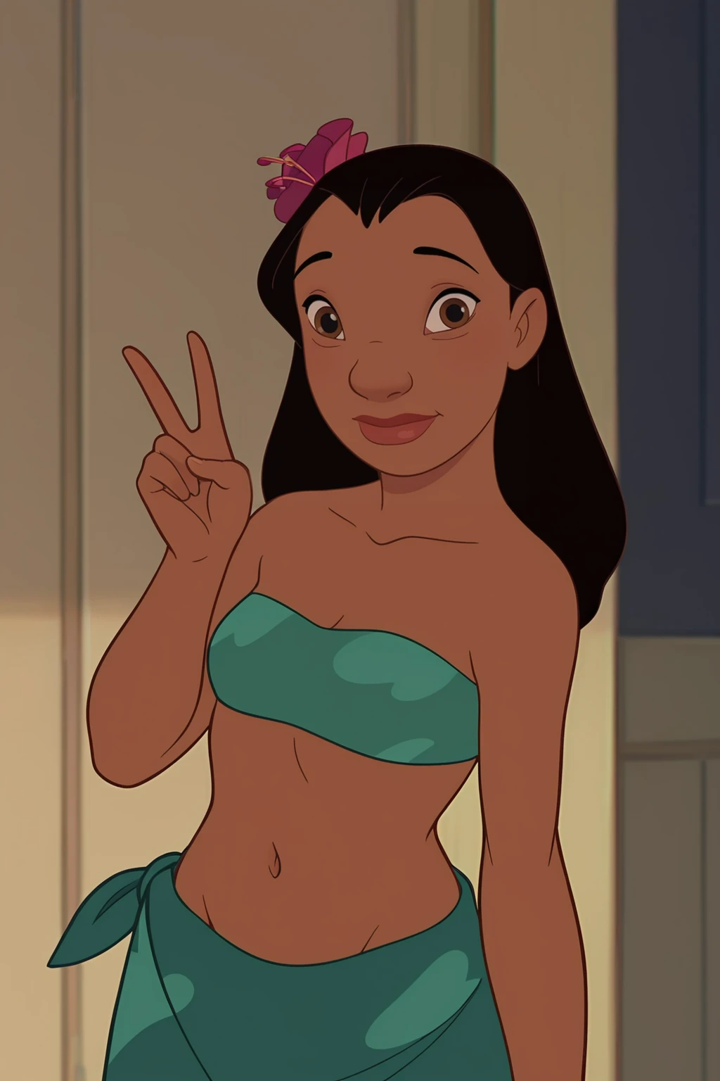 score_9, score_8_up, score_7_up, score_6_up, score_5_up, score_4_up, BREAK, <lora:Nani_Lilo__Stitch-000007:1>, 1girl, Pelekai, dark skin, brown eyes, black hair, aqua tube top, aqua sarong, hair flower, standing, peace sign, closed mouth