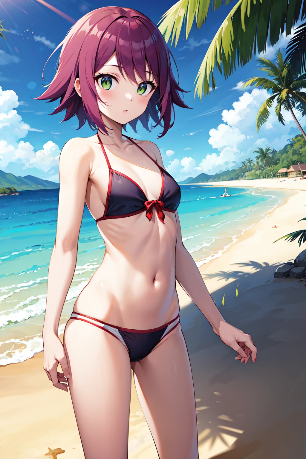 masterpiece, best quality, highres, 1girl, solo, short hair, purple hair, green eyes, <lora:hibiki_misora_(harp_note)_v1:0.7>, small breasts, beach, bikini, standing, cowboy shot,