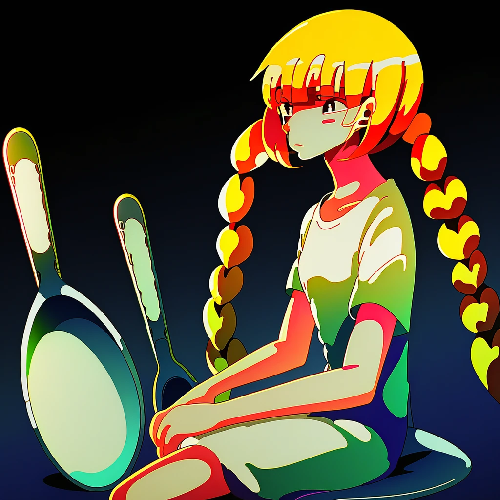 Girl with pigtails, Girl wearing a white gown, ginger hair, girl carrying an oversized spoon