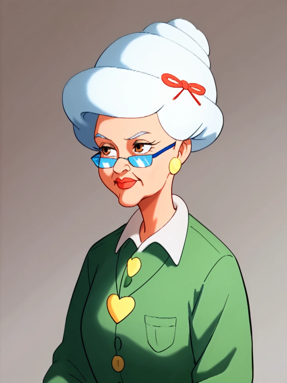  score_9, score_8_up, score_7_up, cartoon style, 1girl, solo, grandma, green jacket, green pants, short hair, white hair, brown eyes, hair bun, old woman, glasses 