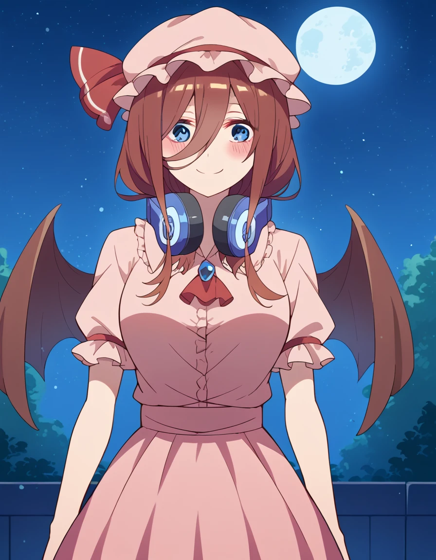 score_9, score_8_up, score_7_up, source_anime, mikunakano, <lora:miku-nakano-s2-ponyxl-lora-nochekaiser:1>, miku nakano, long hair, bangs, blue eyes, brown hair, hair between eyes, headphones, headphones around neck, large breasts,, <lora:remilia-scarlet-cosplay-ponyxl-lora-nochekaiser:1>, remiliascarletcosplay, remilia scarlet \(cosplay\), ascot, collared shirt, crystal, frilled shirt collar, frilled skirt, frills, hat, hat ribbon, mob cap, pink hat, pink shirt, pink skirt, red ascot, red ribbon, ribbon, shirt, short sleeves, skirt, wings,, outdoors, street, night, moon, starry sky, smile, blush,, cowboy shot, dutch angle, solo,