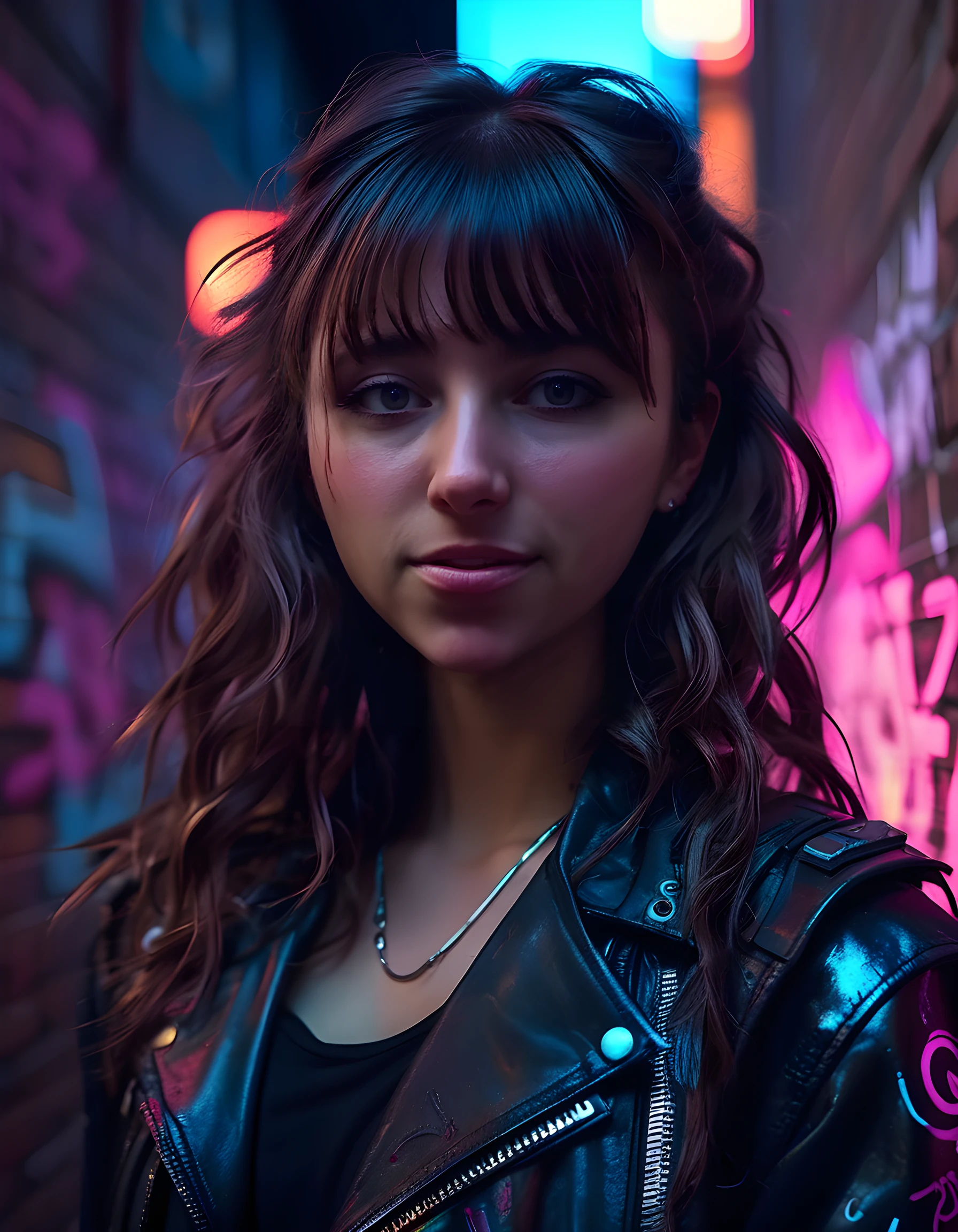 54R4HHB, In a grungy, neon-lit dystopian cityscape, a woman with long, wavy brown hair cascading over one shoulder and her bangs artfully parted to the side, clad in an intricately designed cyberpunk outfit of leather, metal, and neon lights, stands confidently with a captivating smile that reveals slightly parted lips, gazing directly into the viewer's eyes as she leans against a graffiti-covered, industrial brick wall, her brown eyes sparkling with a sense of defiance and resilience amidst the chaotic backdrop. The image is captured from a low angle, emphasizing the woman's height and power, while the dim, yet colorful neon lights cast an eerie yet enchanting glow on her face and the details of her futuristic ensemble.