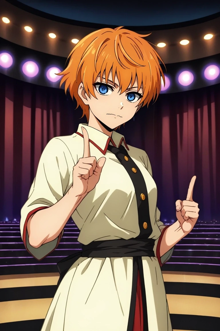 zPDXL, score_9, score_8_up, score_7_up, rating_safe, , looking at viewer, depth of field, 1girl, kagura \(gintama\), gintama, blue eyes, orange hair, solo, cowboy shot, concert, stage, stage lights, idol, indoors, dark, index finger raised, wavy mouth, <lora:kami_no_tou_style_pony:1.06>, kami_no_tou_style, , <lora:sdxl_lightning_8step_lora:1>