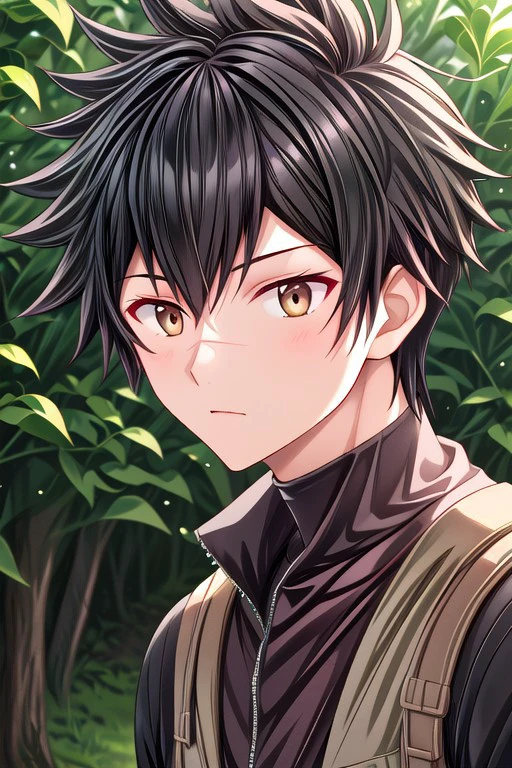 high resolution, solo, best quality, 1Boy, Kanata Hoshijima, Black hair, Brown Eyes, portraits, proud, outdoor, Half Body, Depth Of Field,