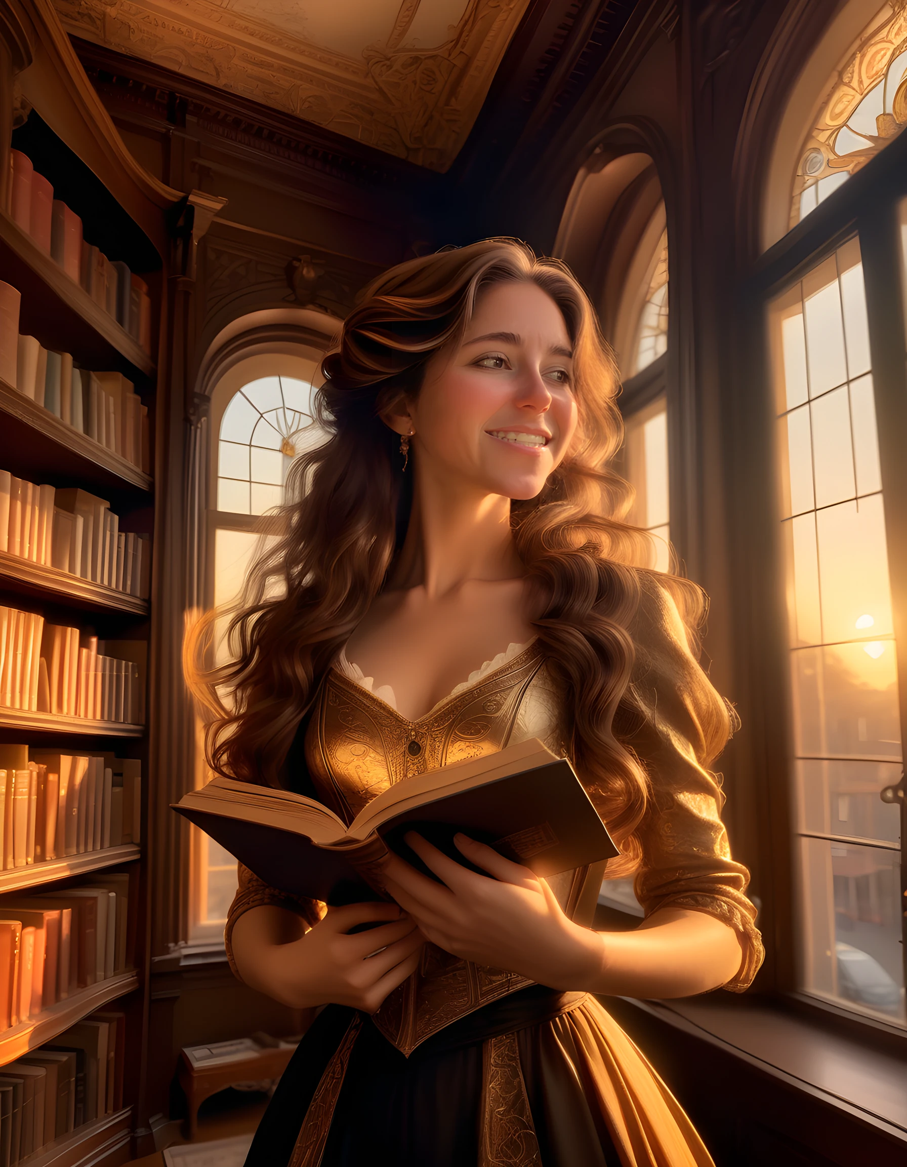 In a vivid and detailed description, the image showcases a woman with brown hair cascading down to her waist, adorned in an exquisite 54r4hhb-inspired outfit of black and gold, her long, flowing locks gently catching the soft, golden hues of sunset light streaming through an open window. The background reveals a grand, Victorian-era library with bookshelves reaching towards the sky, filled with ancient tomes and intricate artifacts. With a warm, captivating smile that radiates positivity, she gazes directly at the viewer from her elegant pose, her brown eyes sparkling with an air of mystery and wisdom as if inviting us into her world. The camera angle is slightly elevated, providing a dramatic perspective that accentuates the grandeur of the setting and the woman's enchanting presence. A soft, warm filter adds a dreamlike quality to the image, creating a sense of wonder and magic that leaves the viewer mesmerized by this captivating vision of beauty and timeless elegance.