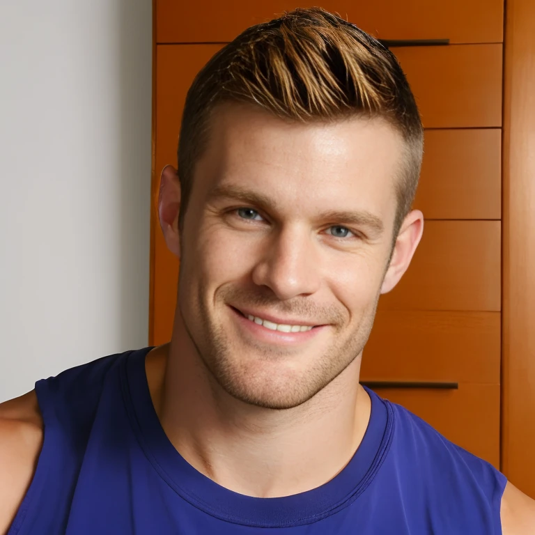 absurdres, (RAW photo), (close-up:1.1), (portrait:1.1), <lora:LandonConrad:0.9>, landonconrad, muscular male, indoors, looking at viewer, straight-on, light smile, white tank top, (blonde hair:0.8)