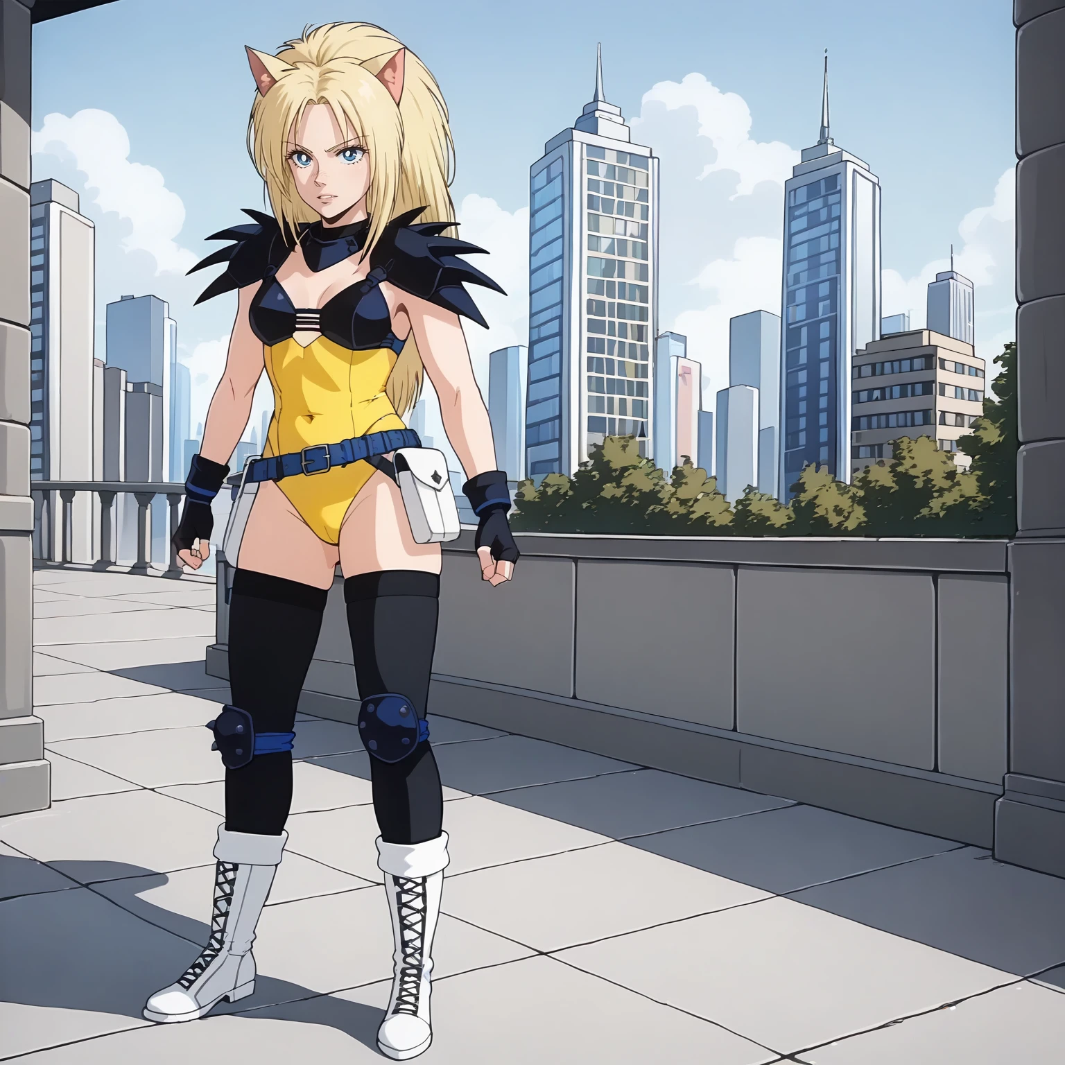 <lora:PumaSistersXLpony007:0.7>,
parted lips,
solo,
PumaSisters,1girl,blonde hair,longhair,cat ears,blue eyes,
yellow leotard,shoulder armor,black chest armor,
fingerless gloves,
belt,pouch,
black thighhighs,
knee pads,white boots,
full body,standing,
outdoors,city,