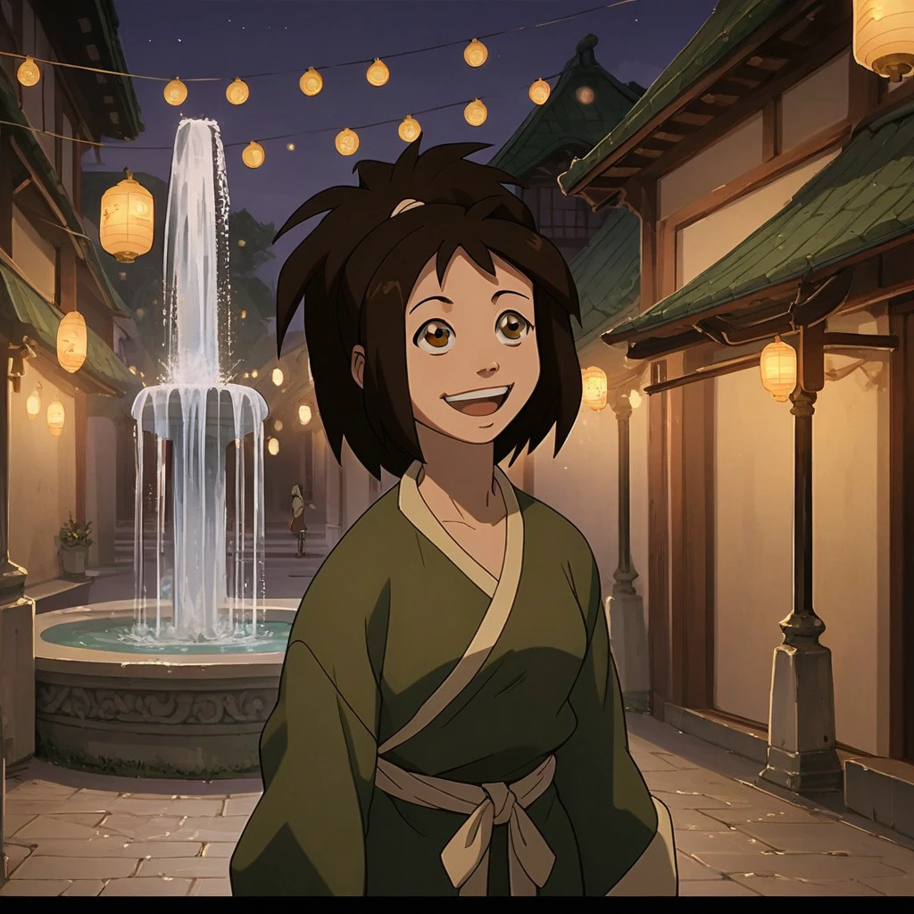 score_9, score_8_up, score_7_up, score_6_up, score_5_up, score_4_up, 1girl, JinZuko, surrounded by lanterns, happy, next to a fountain , standing, solo