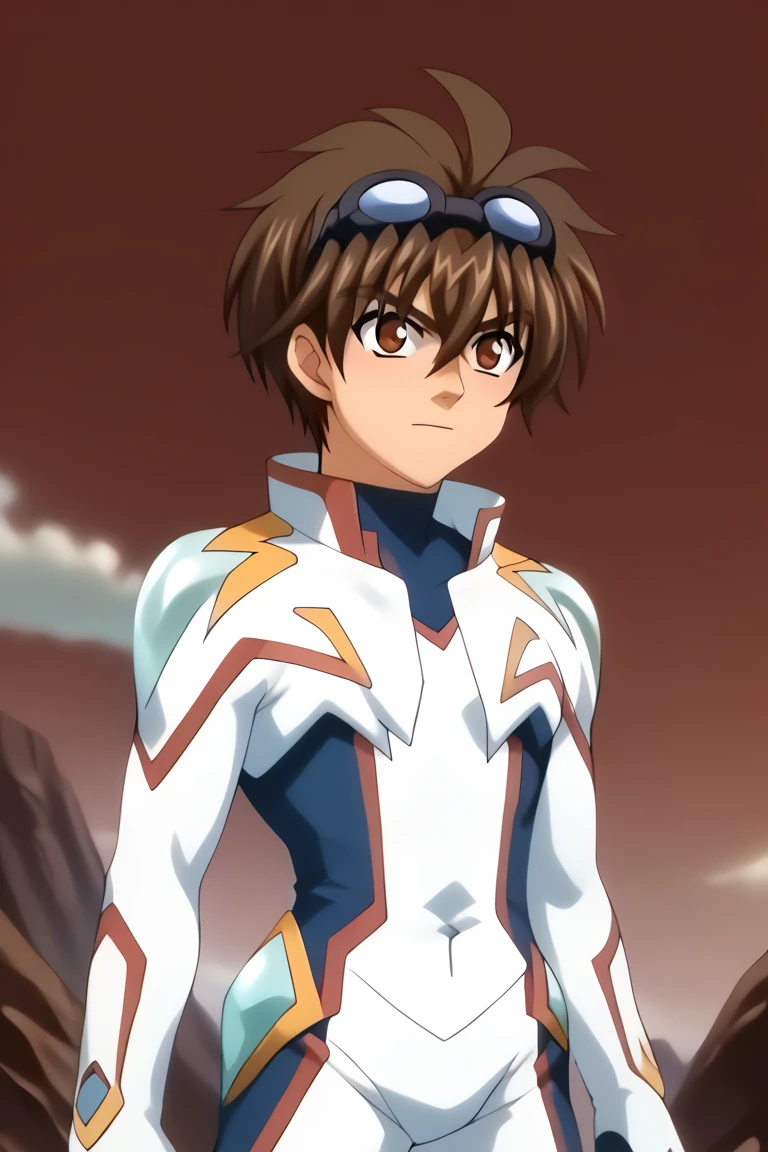 score_9, score_8_up, score_7_up, score_6_up, detailed, intricate details,best quality ,source_anime, cowboy shot,
dan_bd, brown hair, brown eyes, white bodysuit, goggles on head, 1boy, male focus, solo, plugsuit, parody, bodysuit, from side, goggles<lora:EMS-422566-EMS:1.000000>