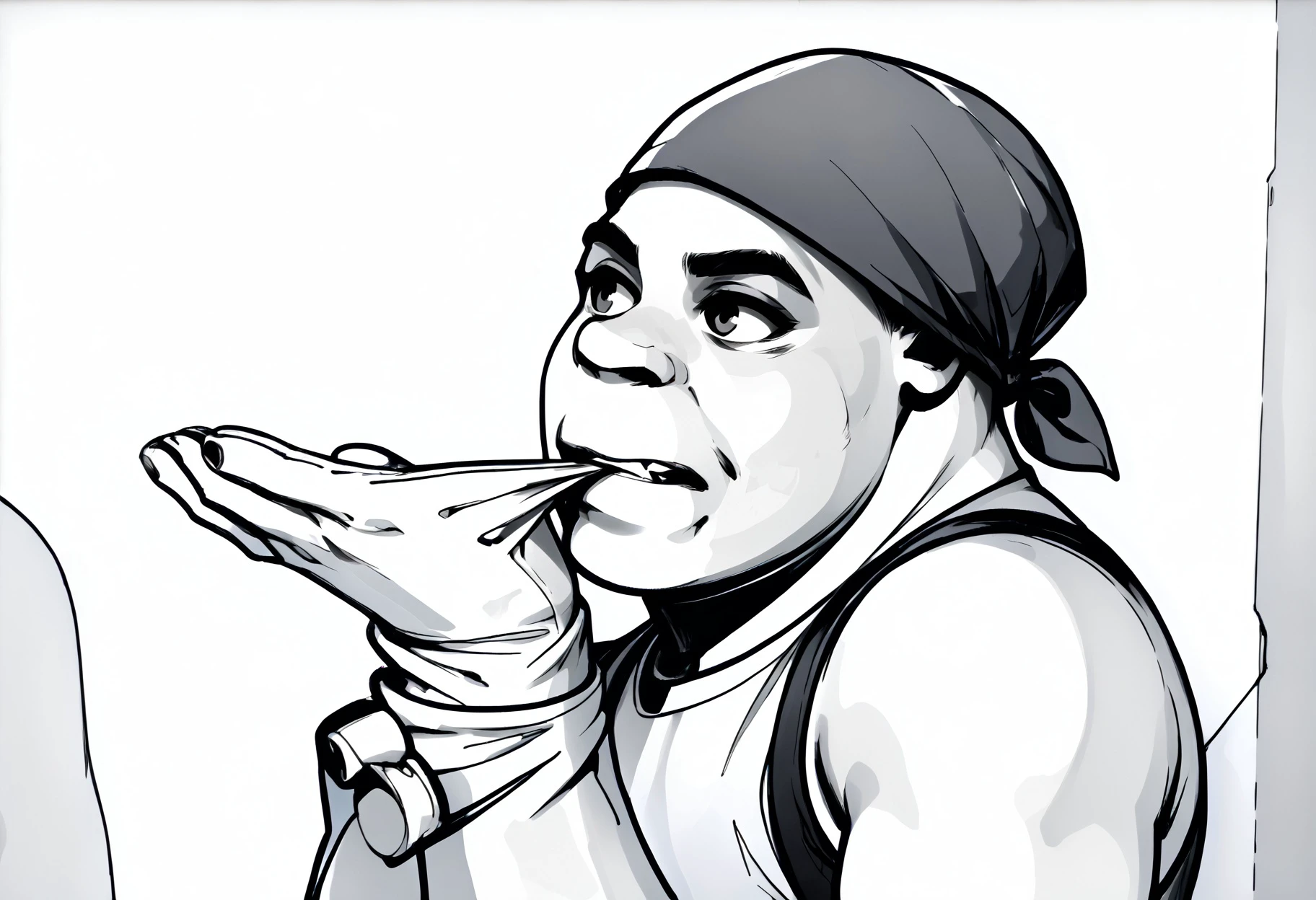 monochrome,
red bandana, from side, gloves, glove biting, mouth hold,
shrek, green skin
,score_9,score_8_up,score_7_up,
<lora:Potat_dark_ink_v1_monochrome-RS24:1> <lora:RicardosBandana_XLPD:1> <lora:Shrek_XLPD:0.8> <lora:AdjustingGlovesWithLips_XLPD:1>