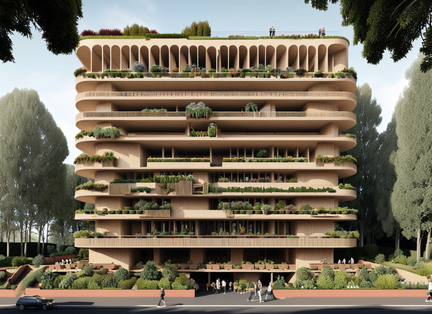 Architectural elevation, high rise brutalist tower, minimal timber, lush terraces, trees, people, planters, arched structure  <lora:Show_XL-000004:2.0>