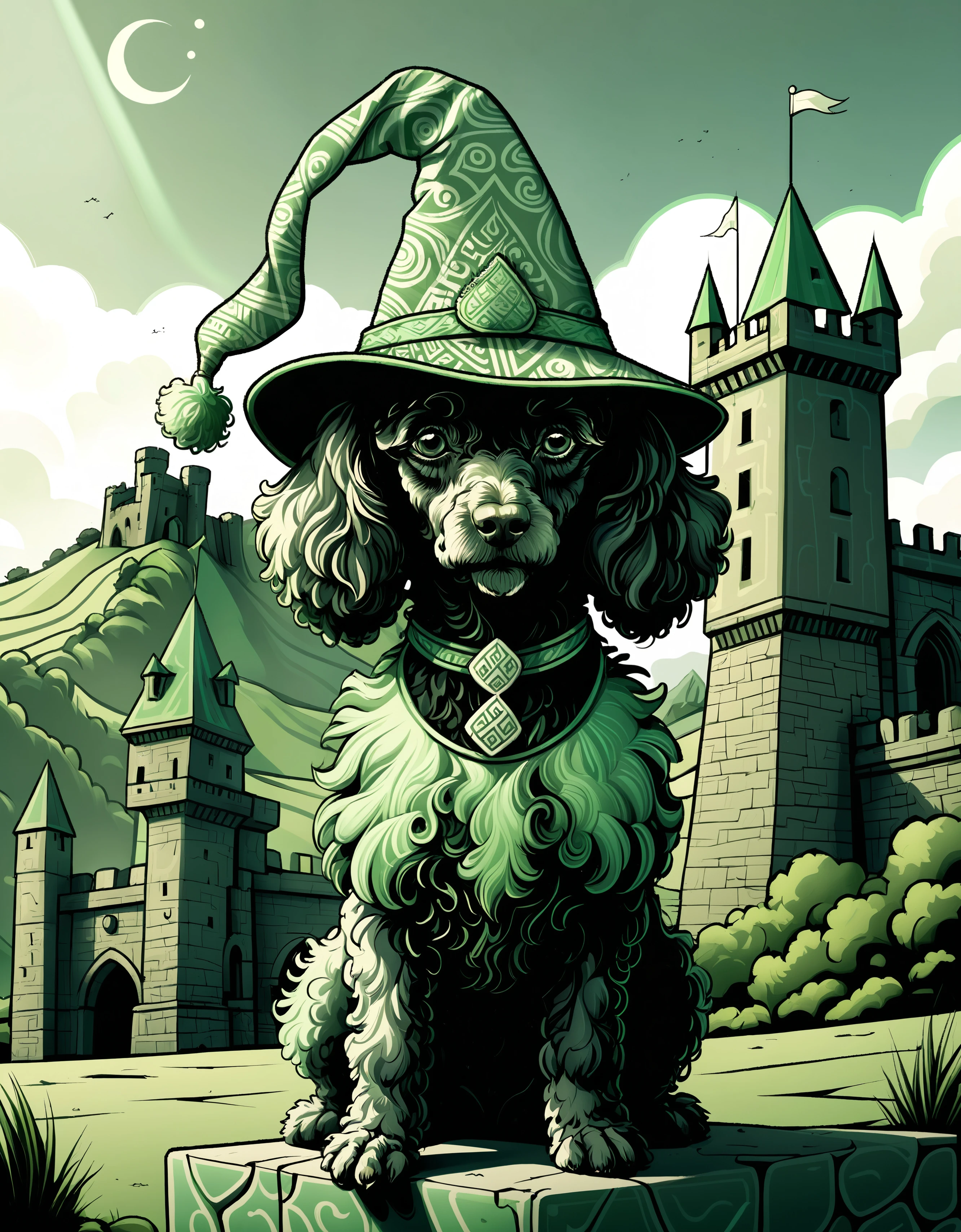 zavy-fltlnpnt, lineart, cel-shaded graphics, wearing Green Maori Wizard hat, 1980'S Poodle Weaver, akward, Castle in background, Summer, Sharp and in focus, Lonely, adobe lightroom, located artistic, delicate, extremely stylish, contemporary fine detail, original, deep aesthetic, professional fine composition, cute