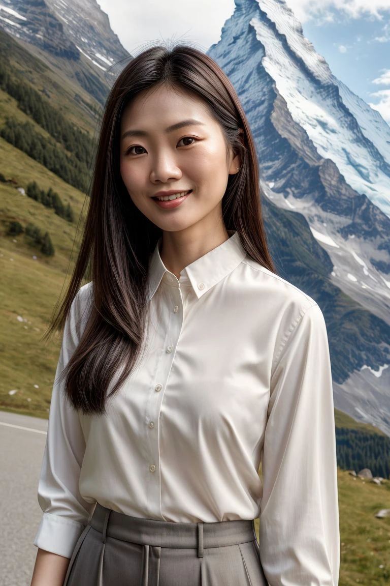 An extremely beautiful Asian model, blonde hair, brown eyes, snow-white skin, bright smile, using high-end cosmetics, wearing a white shirt with embroidered flowers, wearing short jeans ((red)). Professional model pose. The background is a glacier, blue sky, white clouds, white forest under a layer of snow. Cinematic lighting, high detail, 8K, artstation, conceptual art, dark fantasy. Photo taken with Canon EOS R5 85mm f/11 camera, ((sharp)) mode of people and surroundings. Image quality ((8K)), ((realistic)), ((masterpiece)), ((sharpest and highest contrast)), ((excellent depth of field)), ((stereoscopic lighting)), ((angry, ferocious )), detailed pores, ((Direct light on the face)), bright sunlight.