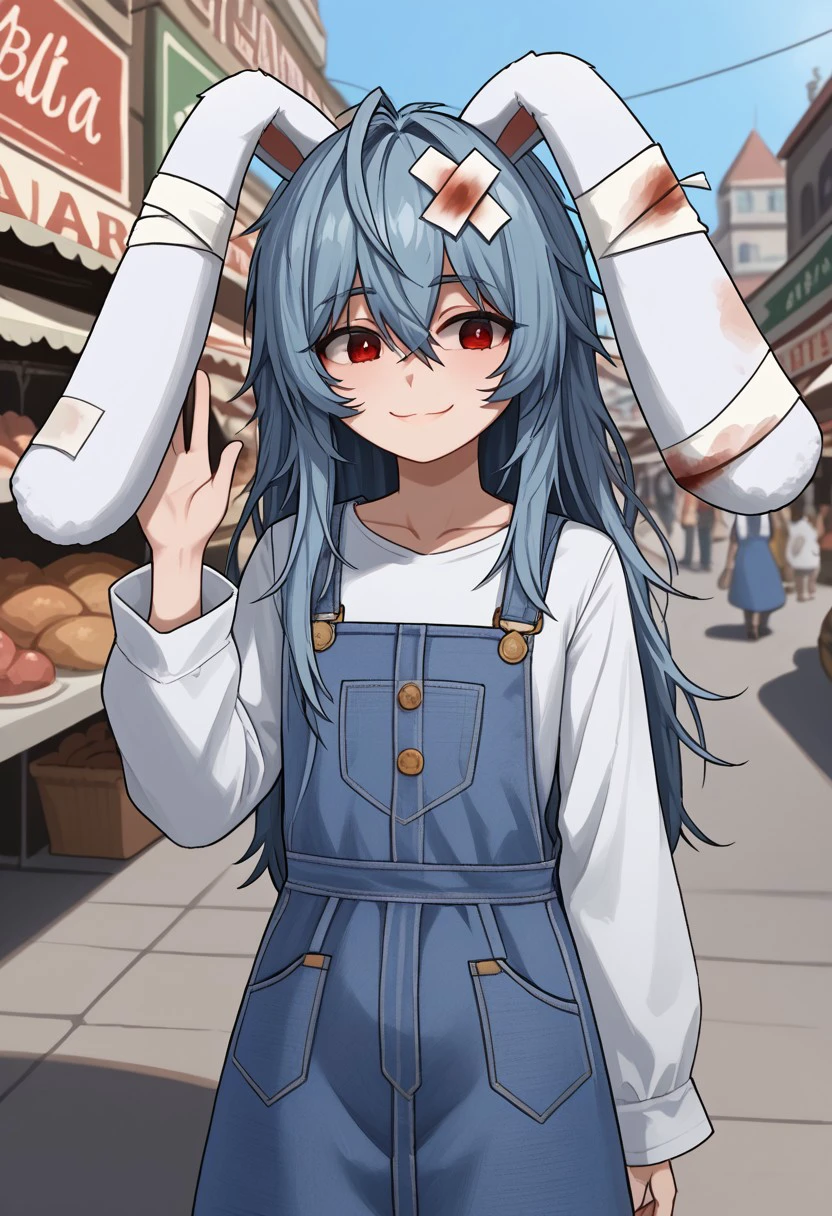 1girl, solo, Parasi, red eyes, messy hair, blue hair, long hair, animal ears, rabbit ears, hair between eyes, bangs, blood, sidelocks, bandages, 
overalls, blue overalls, long sleeves, blue dress, white shirt,
market, street, closed mouth, smile, waving