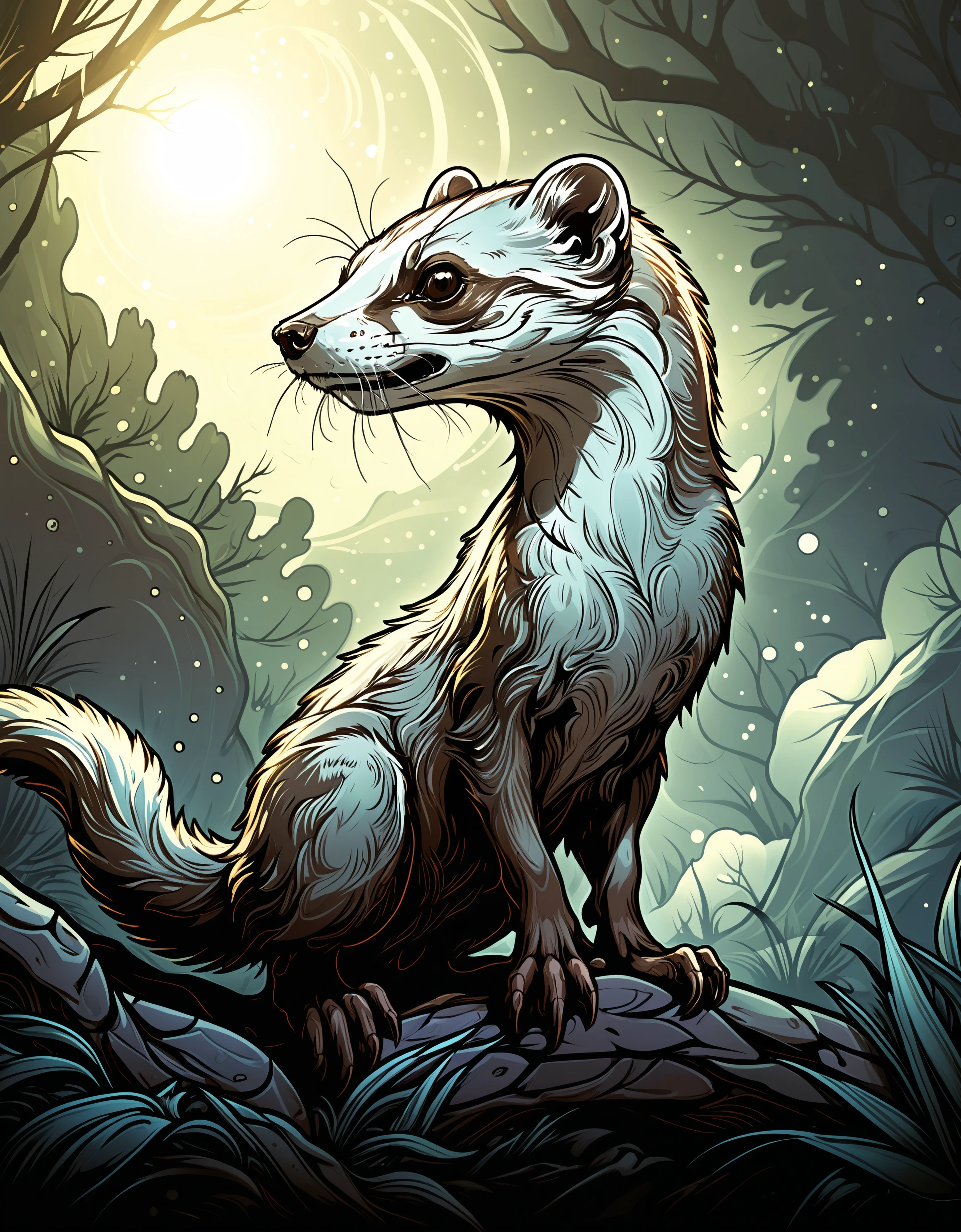 zavy-fltlnpnt, lineart, cel-shaded graphics, Mystical Weasel, Wide view, 50mm, dslr, atmosphere, radiant, beautiful detailed, highly complex, dynamic, best, delicate, fantastic aesthetic