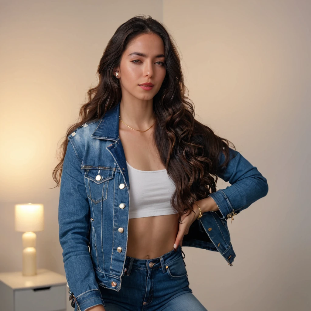 <lora:naughtysammx:0.8> ,  naughtysammx, long hair, jewelry, jacket, tank top, long jeans , whole body, modeling, white backdrop, photo studio, photo casting, recording set, fashion magazine cover, 4k, ultra realistic, dslr quality, photo shoot, detailed eyes, beautiful eyes, perfect  pose,  waving hair, neon lights