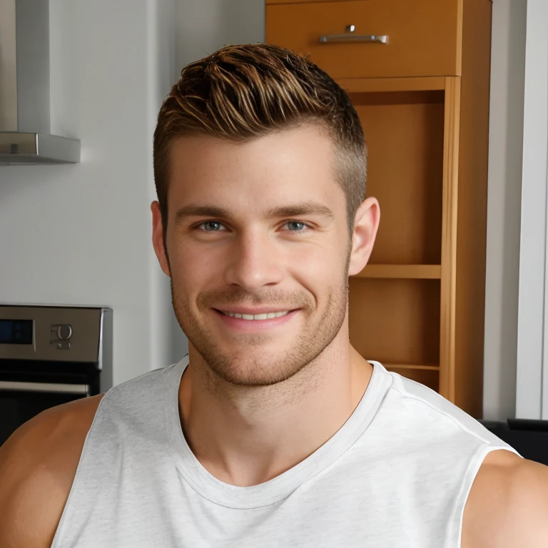 absurdres, (RAW photo), close-up, portrait, <lora:LandonConrad:0.85>, landonconrad, muscular male, indoors, looking at viewer, straight-on, light smile, white tank top