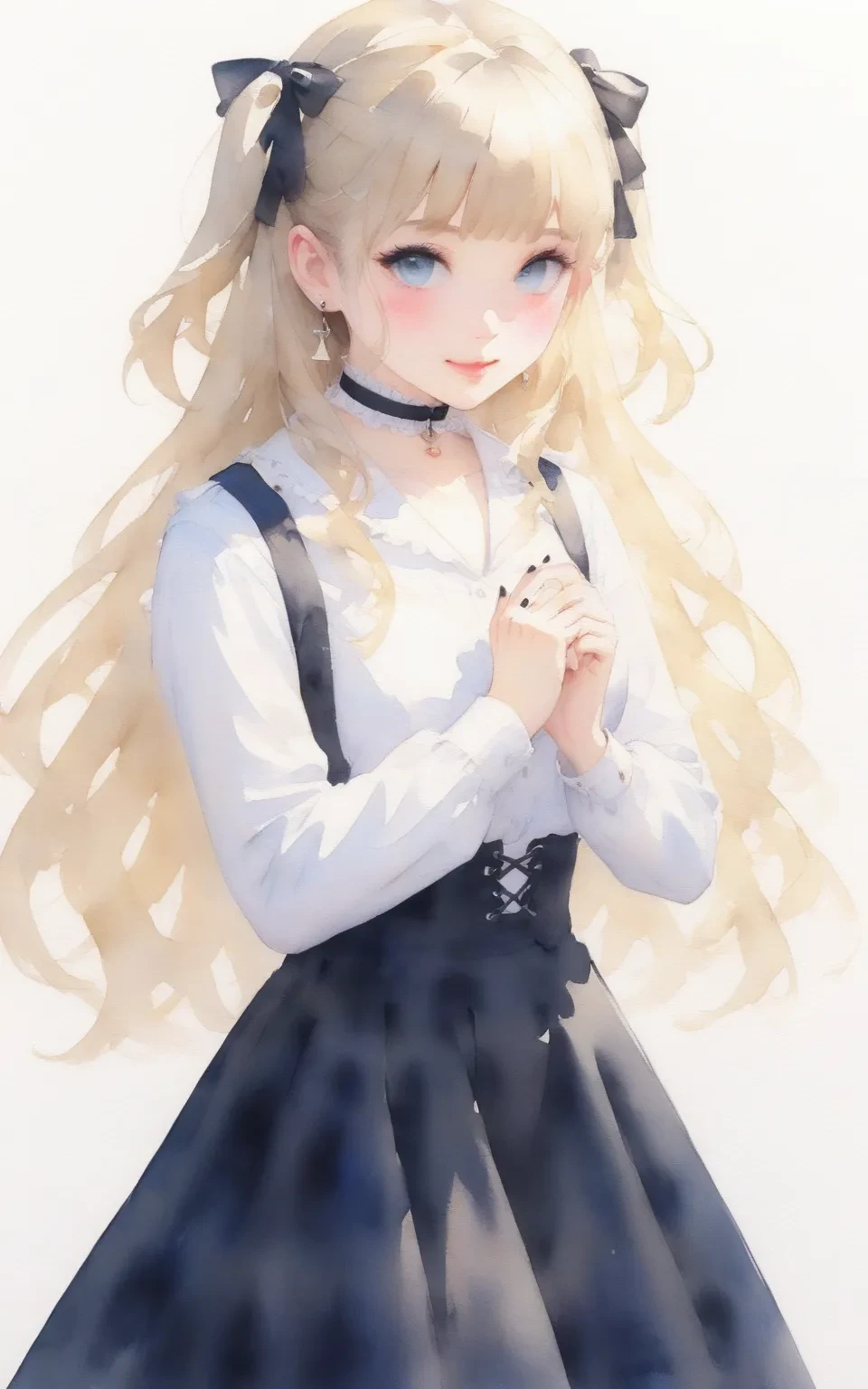 1girl, 
sfch, thighhighs, two side up, heart choker, plaid, cross-laced clothes, jewelry, long hair, frilled collar, frills, choker, blue eyes, shirt, skirt, heart, blunt bangs, cross-laced sleeves, lace-trimmed skirt, ribbon, long sleeves, lace-trimmed choker, simple background, collared shirt, plaid skirt, blonde hair, hair ribbon, black footwear, earrings, black skirt, white shirt, black ribbon, lace trim, boots, smile, white background, collar, black nails, zettai ryouiki, blush, solo, 
masterpiece, newest, absurdres, safe
 <lora:sfch:1>