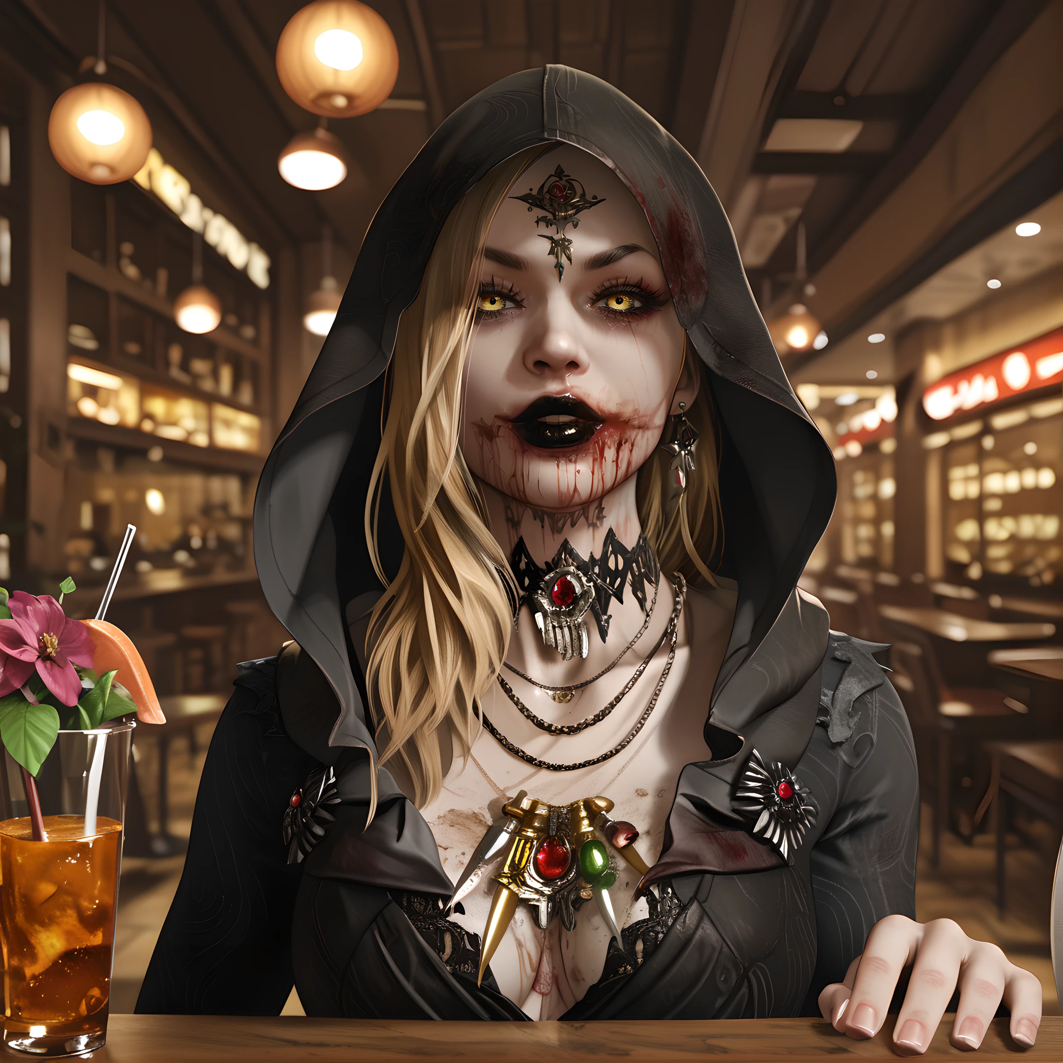 bela, 1girl, solo, blonde hair, hood, jewelry, long hair, necklace, blood, looking at viewer, yellow eyes, hood up, black lips, blood on mouth, <lora:Bela_Dimitrescu_-_Resident_Evil_Village:0.9>
BREAK
level_9, level_8_up, level_7_up, level_6_up, level_5_up, source_cartoon, masterpiece 
BREAK
in the restaurant,