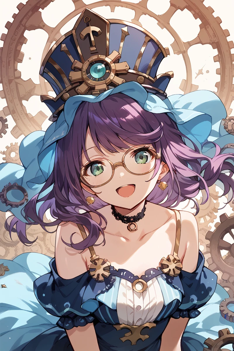 score_9, score_8_up, score_7_up, score_6_up, 1girl,
 <lora:Junna_Hoshimi:0.9> junna, green eyes, gears, dress, glasses, blue dress, long hair, solo, smile, blue eyes, open mouth, choker, purple hair, collarbone, hat, bare shoulders