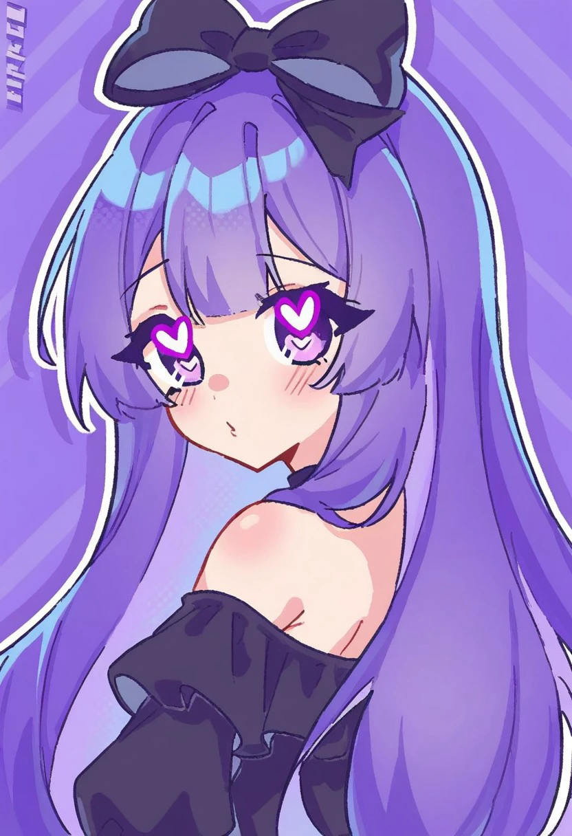 purple eyes, purple hair,two-tone hair, looking at viewer, looking back ,from behind, top body, 1girl, heart-shaped pupils, turned head, purple background, hair bow