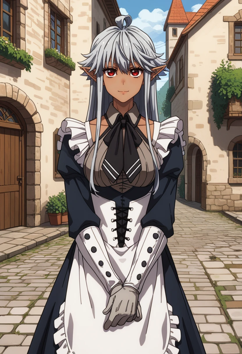 score_9, score_8_up,
<lora:ShinmaiOssanBoukensha_ReanetteElfeltXL:0.8>, ReanetteElfelt,
1girl, solo, light smile,
dark skin, grey hair, red eyes, long hair, pointy ears, ahoge,
maid, maid headdress, black dress, frills, clothing cutout, black neckerchief, corset, apron, white gloves,
standing, looking at viewer,
outdoors, street, medieval