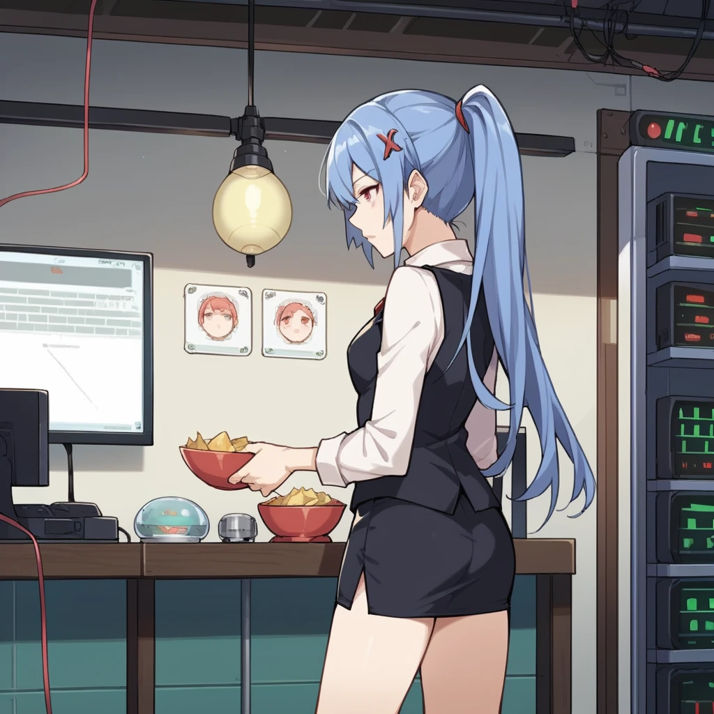 score_9_up, score_8_up, score_7_up, score_6up, source_anime, 1girl, solo, Edison, Edi_Stigmata, ceiling lamp, screens, wires, standing, from behind, from side, holding bowl of chips, thinking, hand in hair, long hair, blue hair, ponytail, pencil skirt, black vest, collared shirt, long sleeves, bare legs, white shirt, red bowtie, x hair ornament, mini skirt, dynamic cowboy shot, indoors, facility laboratory background,