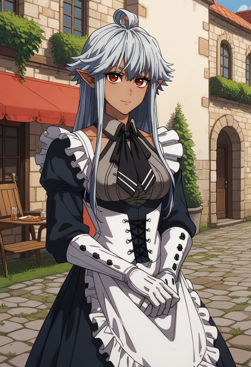 score_9, score_8_up,
<lora:ShinmaiOssanBoukensha_ReanetteElfeltXL:0.8>, ReanetteElfelt,
1girl, solo, light smile,
dark skin, grey hair, red eyes, long hair, pointy ears, ahoge,
maid, maid headdress, black dress, frills, clothing cutout, black neckerchief, corset, apron, white gloves,
standing, looking at viewer,
outdoors, street, medieval