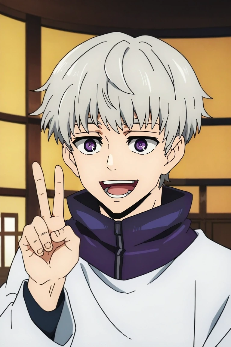 zPDXL, score_9, score_8_up, score_7_up, rating_safe, intricate details, , depth of field, 1boy, male focus, <lora:toge_inumaki_pony:0.70>, toge_inumaki, grey hair, purple eyes, bangs, short hair, solo, focused, floating island, indoors, dark, v, peace sign, laughing, <lora:kami_no_tou_style_pony:1.06>, kami_no_tou_style, , <lora:sdxl_lightning_8step_lora:1>