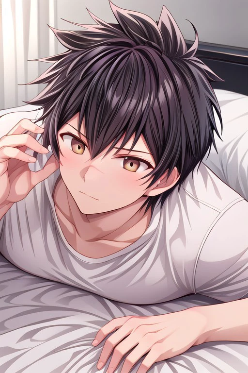 high resolution, solo, best quality, 1Boy, Kanata Hoshijima, Black hair, Brown Eyes, Lying on bed, sensual, relaxed, inviting,